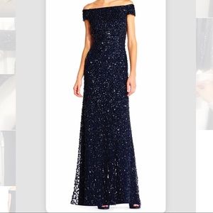 NWT Adrianna Papell Navy off shoulder bead gown